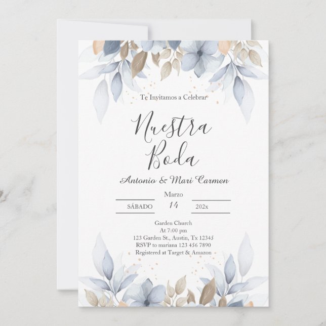 Blue Floral Wedding Invitation  (Front)