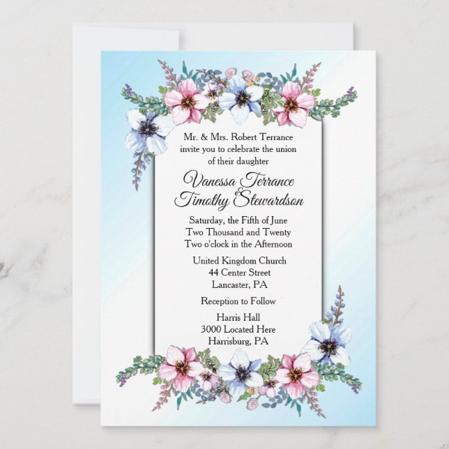 Blue Floral Wedding Invitation (Front)