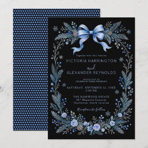 Blue Floral Wedding Invitation with Bow