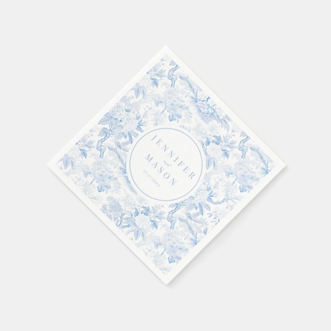 Blue floral wedding monogram paper napkins (Corner)