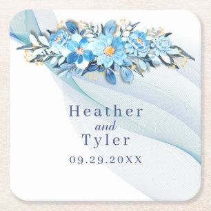 Blue Floral Wedding Paper Coaster
