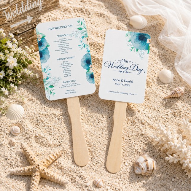 Blue Floral Wedding Program Fan (Creator Uploaded)