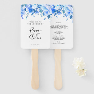 Blue floral wedding program hand fan, blue floral fan