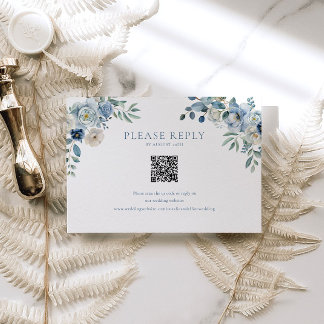 Blue Floral Wedding RSVP QR Code Enclosure Card