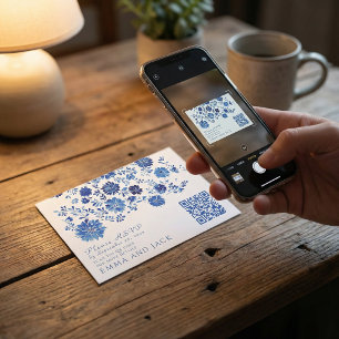 Blue Floral Wedding RSVP QR Code response Card