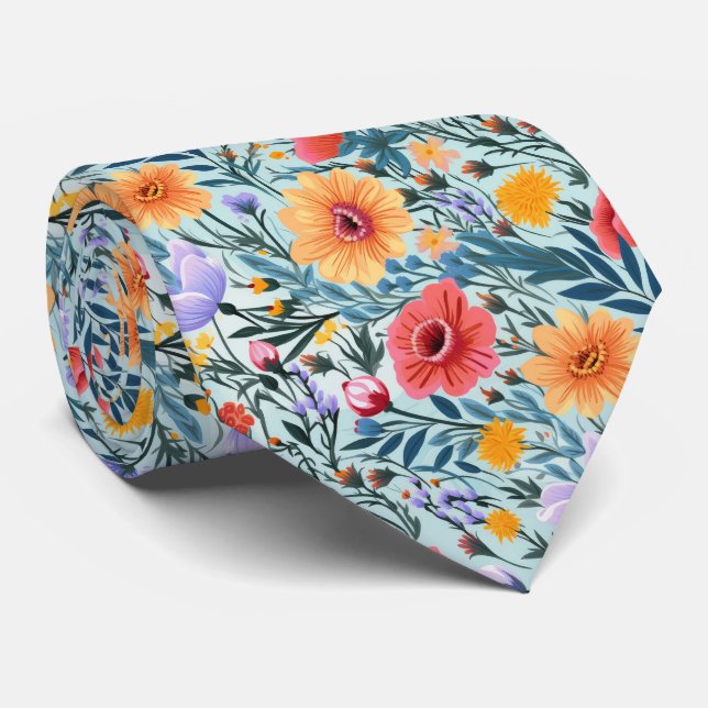 Blue Floral Wedding Tie (Rolled)