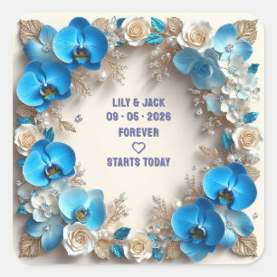 Blue Floral Wedding Turquoise Gold Details Square Sticker