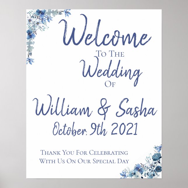 Blue Floral Wedding Welcome Poster (Front)
