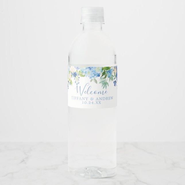 Blue Floral Wedding Welcome Water Bottle Label (Front)