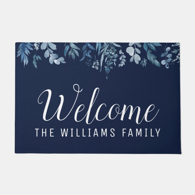 blue floral welcome script doormat (Front)