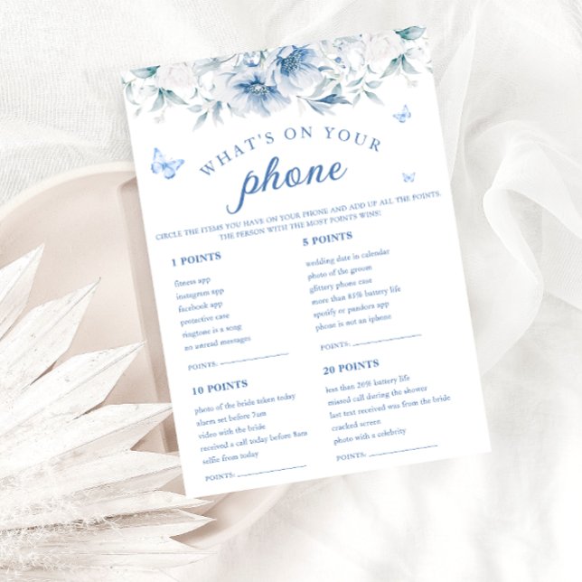 Blue Floral What's On Your Phone Bridal Game Cards (Creator Uploaded)