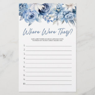 Blue Floral Where Were They? Bridal Shower Game  Stationery