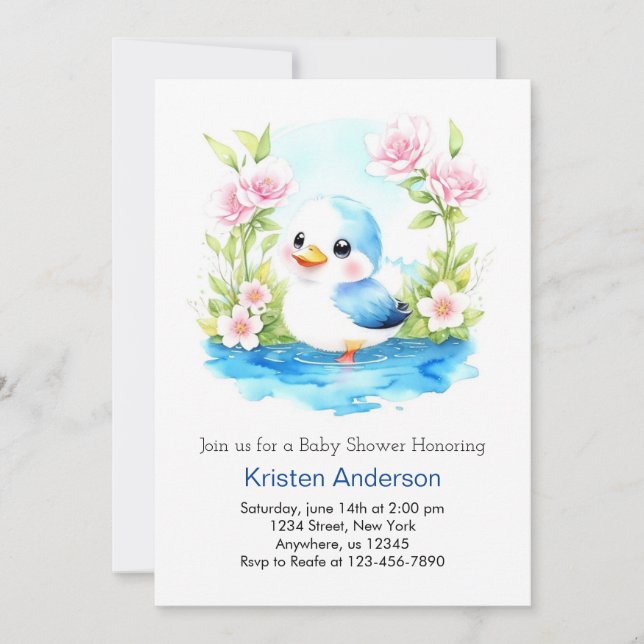 Blue Floral Whimsical Duck Boy Baby Shower Invitation (Front)
