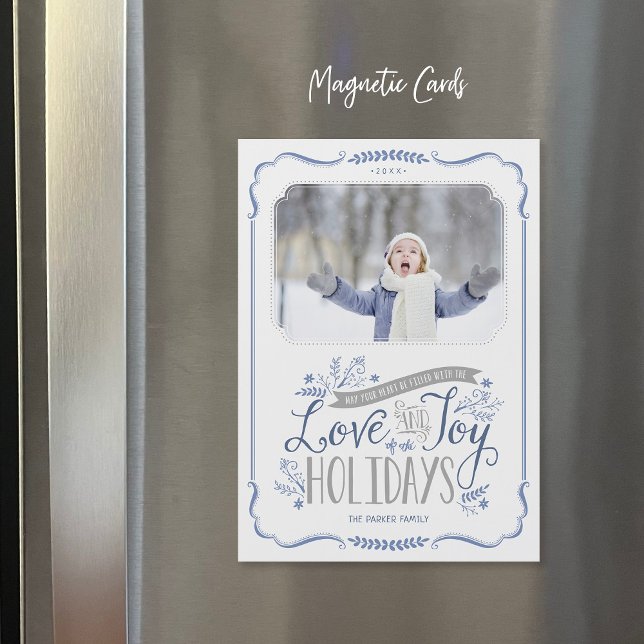 Blue Floral Whimsy Magnetic Holiday Photo Card (Creator Uploaded)