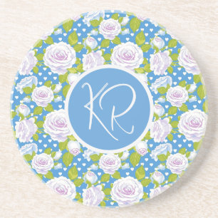 Blue Floral White Rose Trendy Monogram Initials Coaster