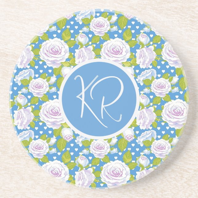 Blue Floral White Rose Trendy Monogram Initials Coaster (Front)
