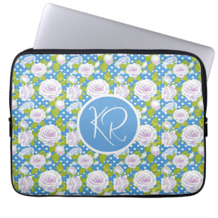 Blue Floral White Rose Trendy Monogram Initials Laptop Sleeve