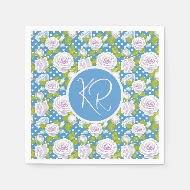 Blue Floral White Rose Trendy Monogram Initials Napkin (Front)