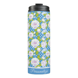 Blue Floral White Rose Trendy Style Thermal Tumbler