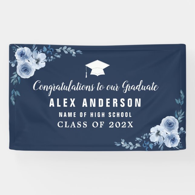 blue floral white text graduation banner (Horizontal)