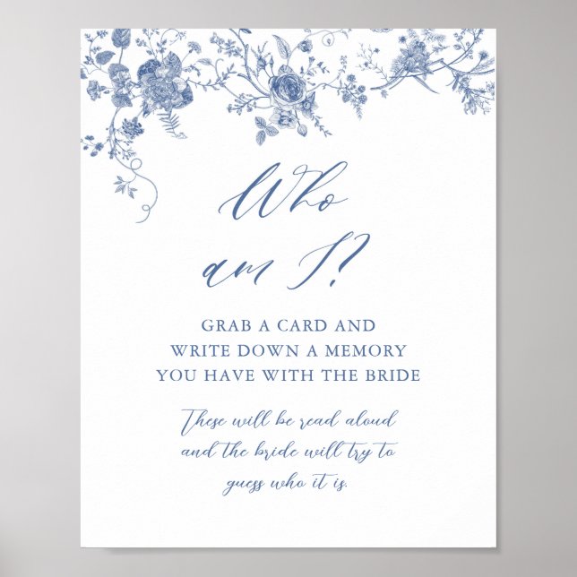 Blue Floral Who Am I Bridal Shower Game Sign (Front)
