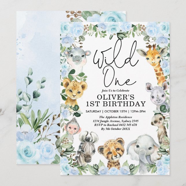 Blue Floral Wild One Jungle Safari 1st Birthday Invitation (Front/Back)