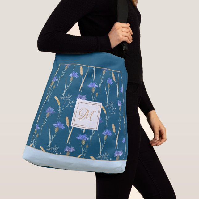 Blue Floral Wildflower Customized Monogram Crossbody Bag (Close Up)