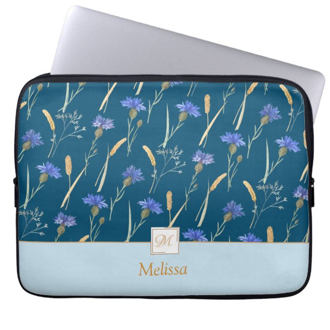 Blue Floral Wildflower Monogram Laptop Sleeve (Front)