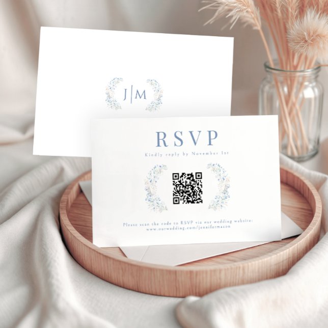 Blue Floral Wildflower Wedding RSVP QR Code Cards (Creator Uploaded)