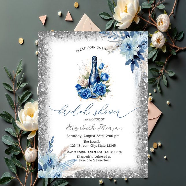 Blue Floral Wine Bottle Glitter Frame Baby Shower  Invitation (Creator Uploaded)