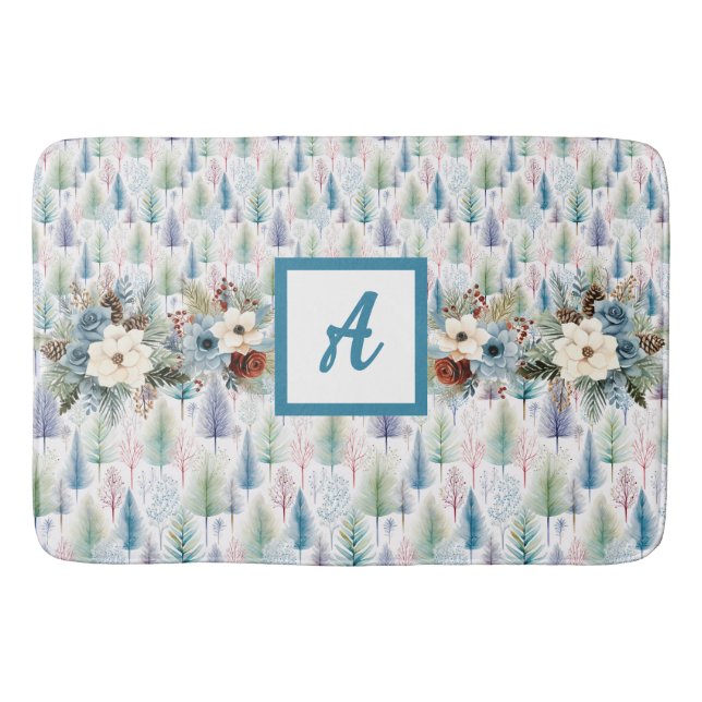 Blue Floral Winter Tree Forest  Bath Mat (Front)