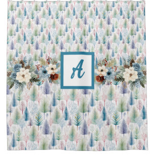Blue Floral Winter Tree Forest Shower Curtain