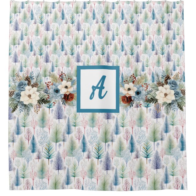Blue Floral Winter Tree Forest Shower Curtain (Front)