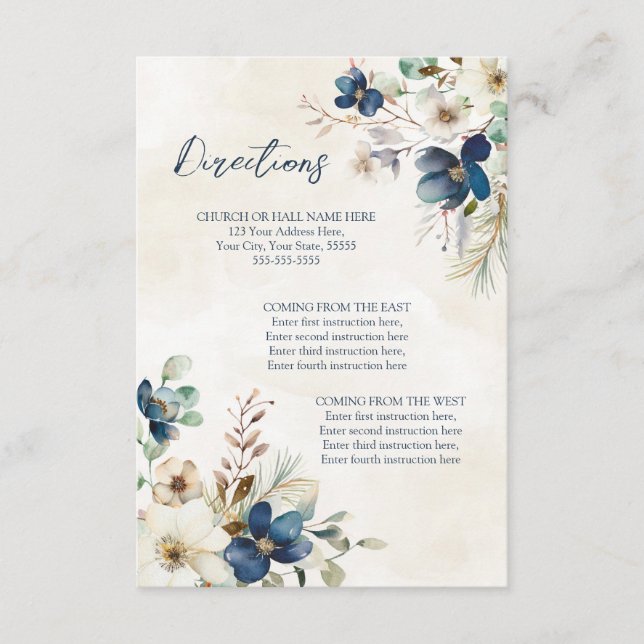 Blue Floral Winter Wedding Direction Insert (Front)
