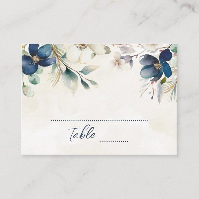 Blue Floral Winter Wedding Place Setting Cards (Front)