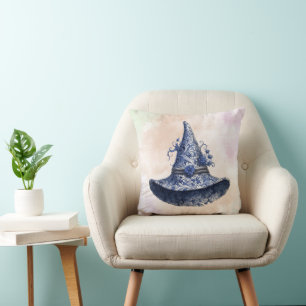 Blue Floral Witches Hat & Pastel Clouds Halloween Throw Pillow
