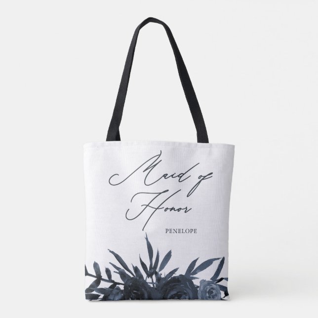 Blue Floral with Maid of Honour Script Tote Bag (Back)