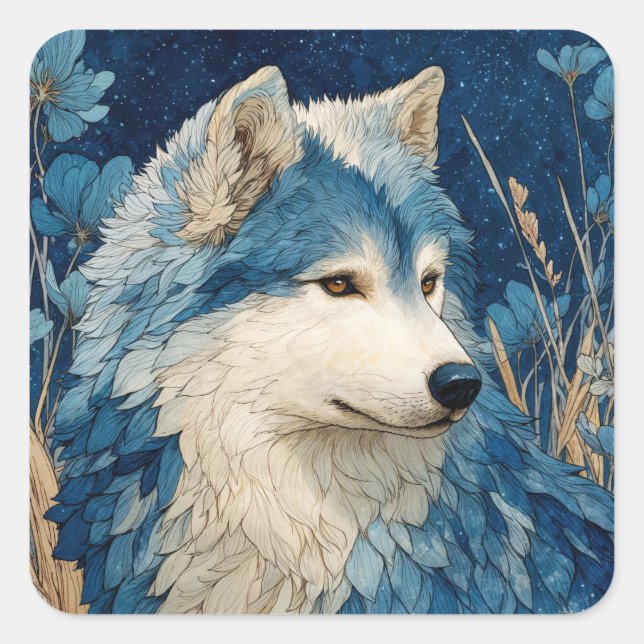 Blue Floral Wolf Profile with Golden Wheat Stars Square Sticker (Front)