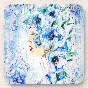Blue Floral Woman Fantasy Painting Coaster