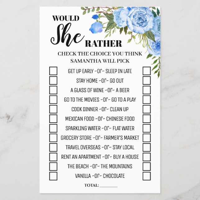 Blue Floral Would She Rather Baby Shower Game Card (Front)