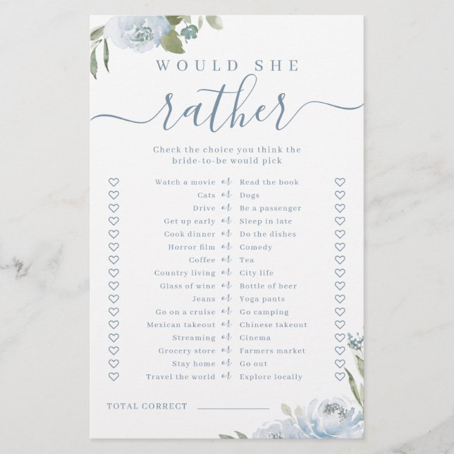 Blue floral would she rather bridal shower game (Front)