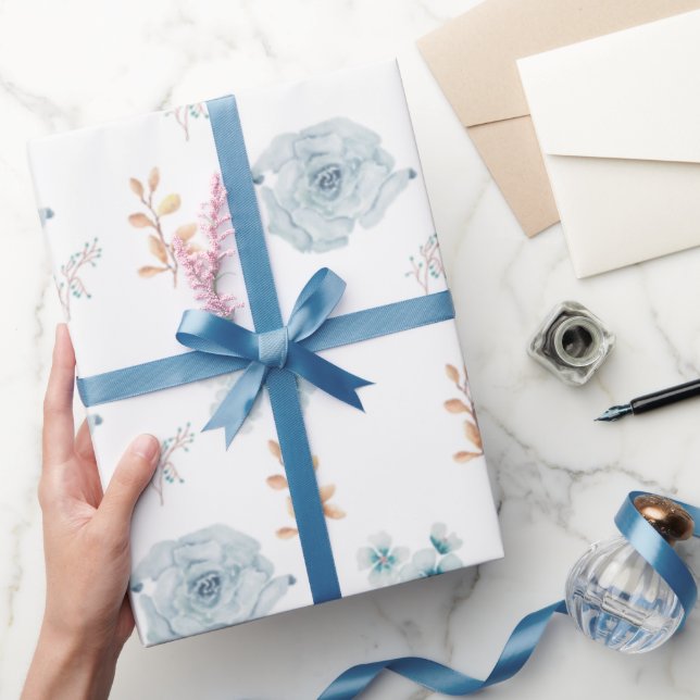 Blue floral wrapping paper, birthday wrap, wedding wrapping paper (Gifting)