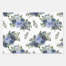 Blue Floral Wrapping Paper Sheet Set of 3