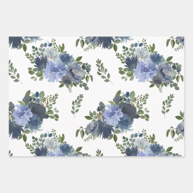 Blue Floral Wrapping Paper Sheet Set of 3 (Front)