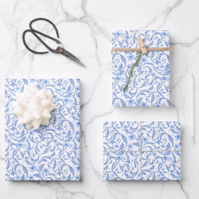 Blue Floral Wrapping Paper Sheets (Front)