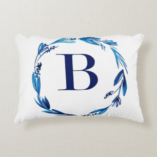 Blue Floral Wreath 'B' Decorative Pillow