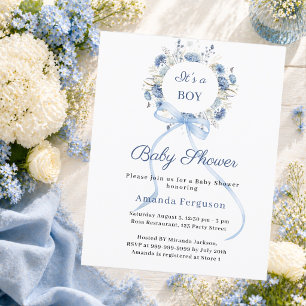 Blue floral wreath bow boy Baby Shower invitation