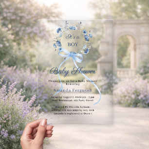 Blue floral wreath bow boy luxury Baby Shower Acrylic Invitations