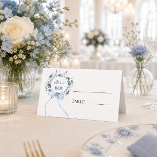 Blue floral wreath bow ribbon boy Baby Shower Place Card