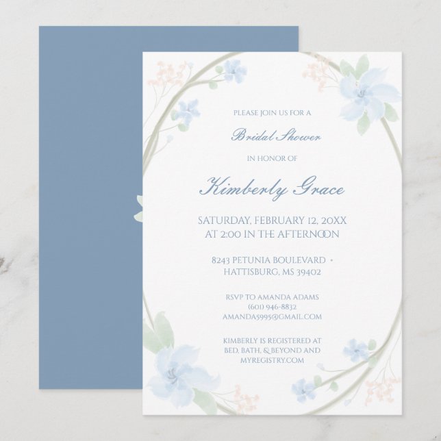 Blue Floral Wreath Bridal Shower Invite (Front/Back)